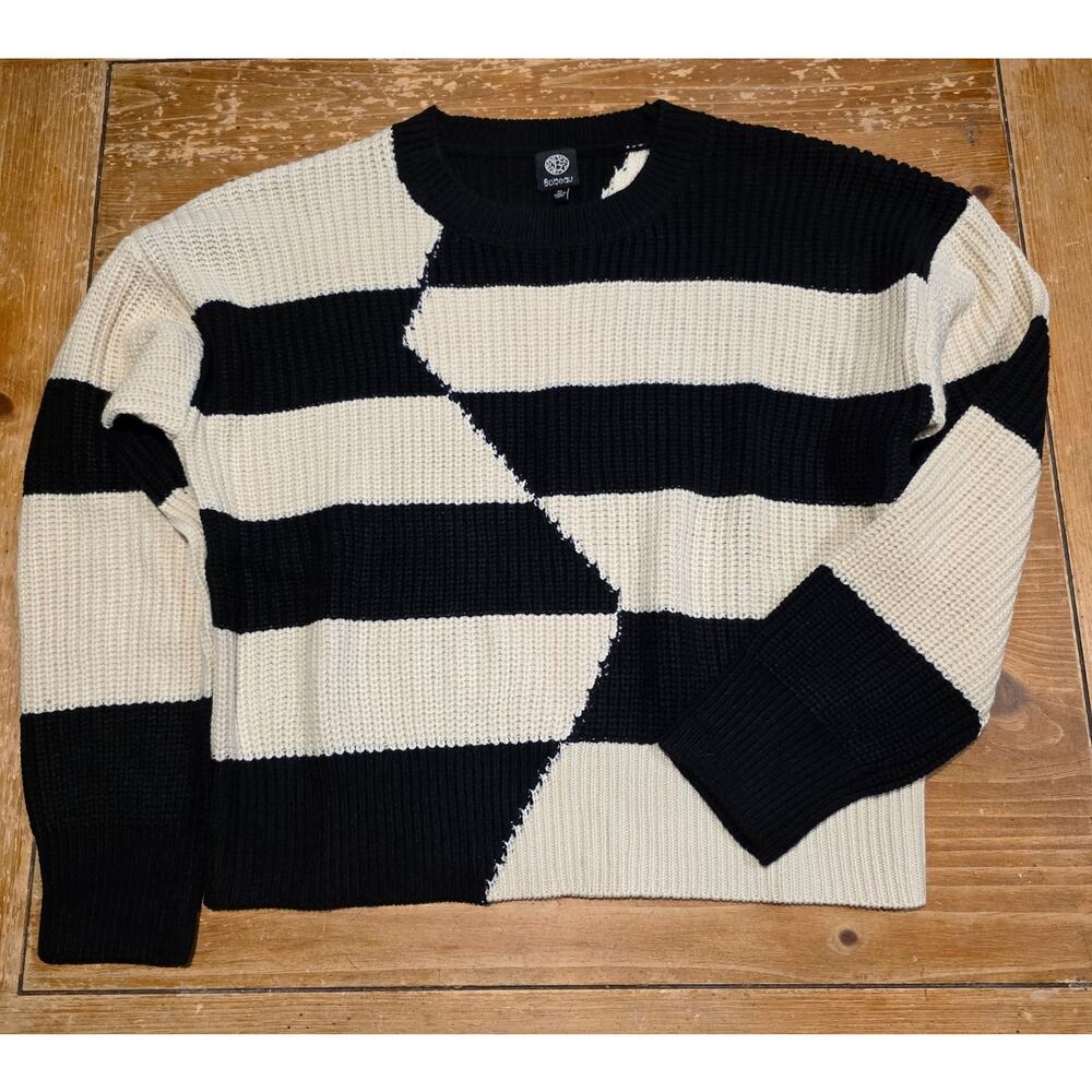 Bobeau XL Womens Geometric Sweater Black Cream Long Sleeve Knit